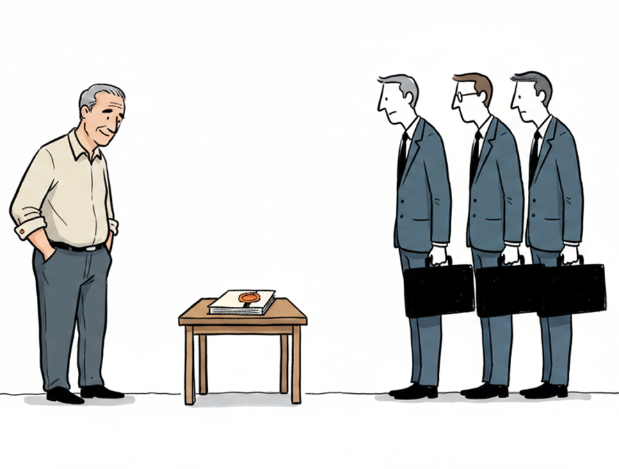 A founder facing three suited advisors across a table, considering a leather portfolio between them.